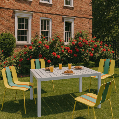 4 Piece Set Of Modern Striped Color- Blocking Single Chairs With Long Table