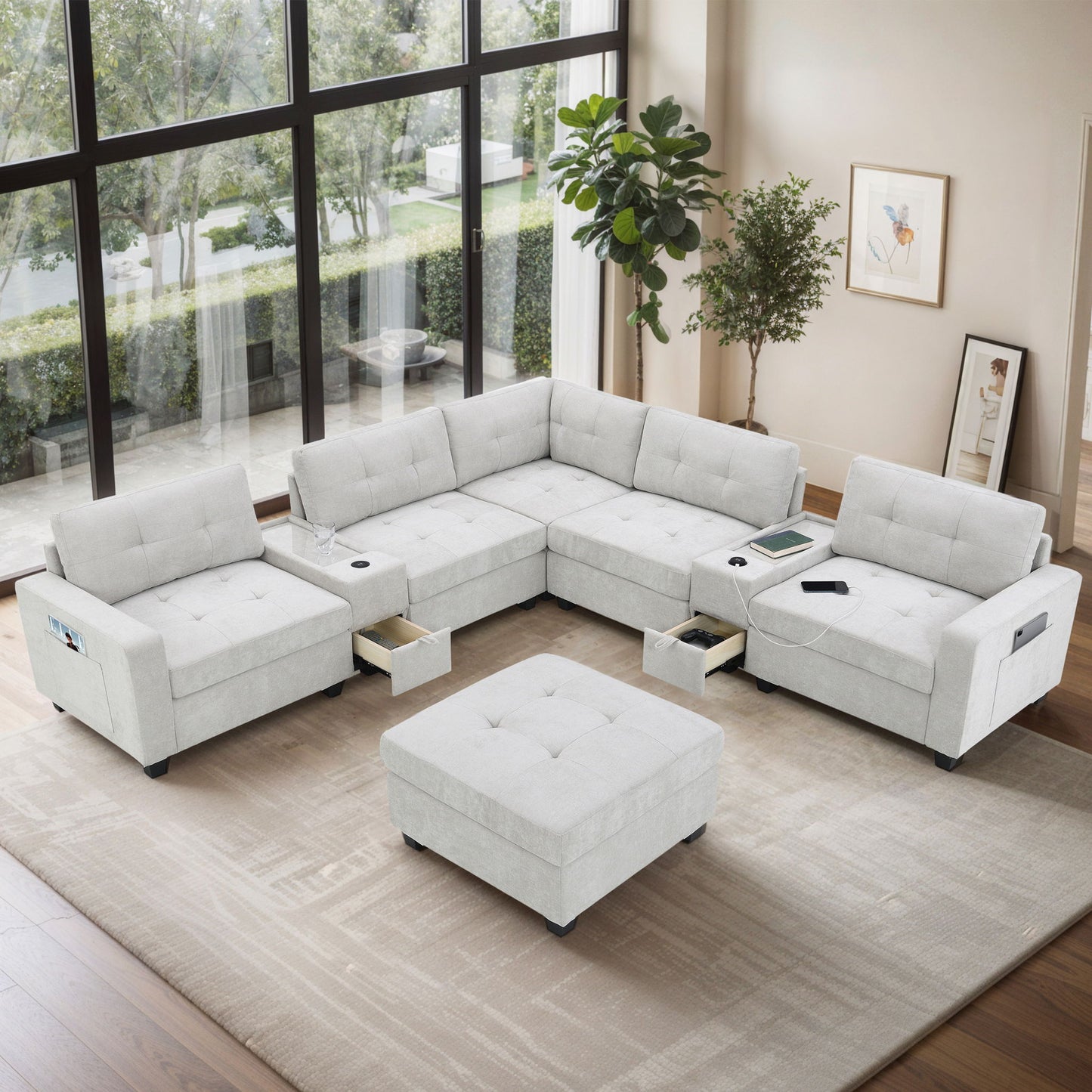 Sectional With Acrylic Table Top U Shaped Couch Set With 2 Consoles USB Charger, Storage Drawers And Pockets Movable Ottoman Tufted Sofa