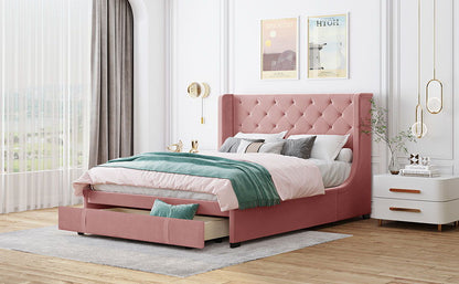 Storage Bed Velvet Upholstered Platform Bed With Wingback Headboard And A Big Drawer
