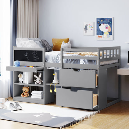 Low Loft Bed With Rolling Desk, Shelf And Drawers