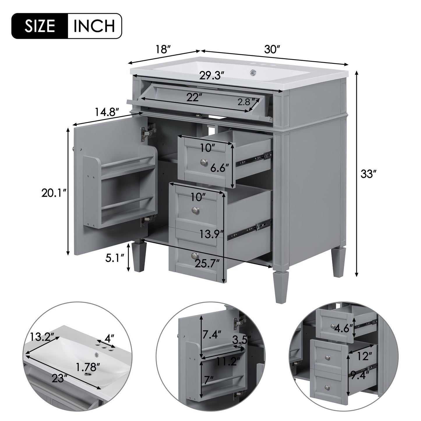 Bathroom Vanity With Top Sink, Storage Cabinet, 2 Drawers, Tip Out Drawer