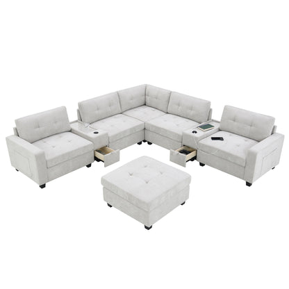 Sectional With Acrylic Table Top U Shaped Couch Set With 2 Consoles USB Charger, Storage Drawers And Pockets Movable Ottoman Tufted Sofa