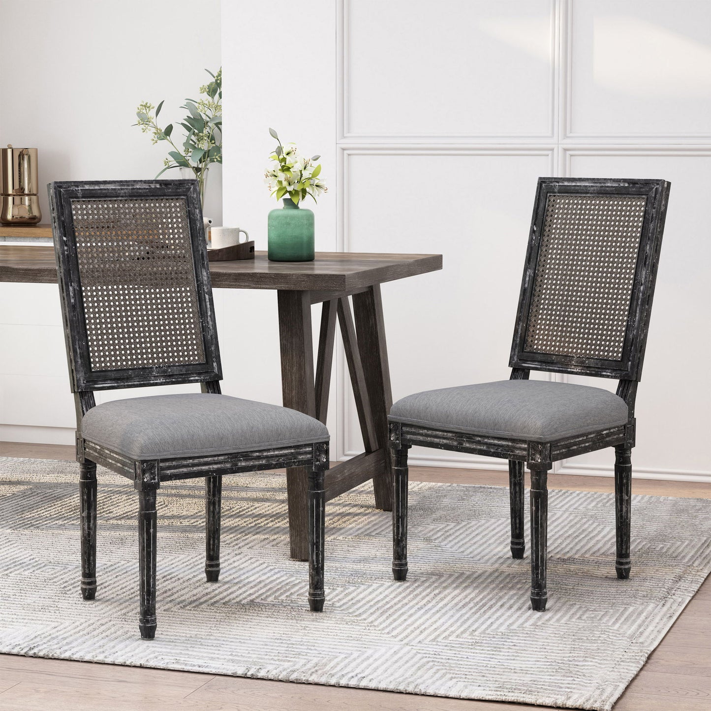 French Country Dining Chair With Rectangular Cane Backrest And Smooth Upholstered Seating