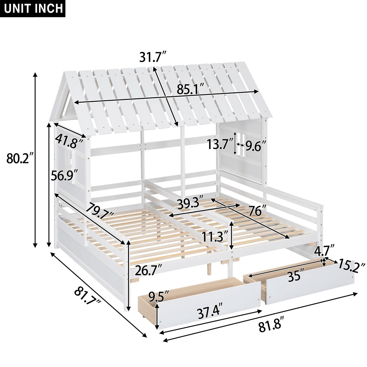 House Platform Beds With 2 Drawers, Side By Side Design