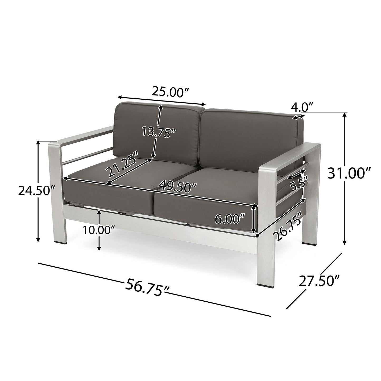 Outdoor Aluminum Loveseat With Cushion - Gray