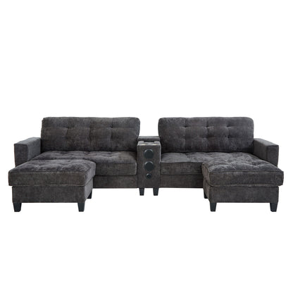 Modern Sectional Sofa U-Shaped With Movable Ottomans, Bluetooth Speakers, LED Lights And Modular Storage