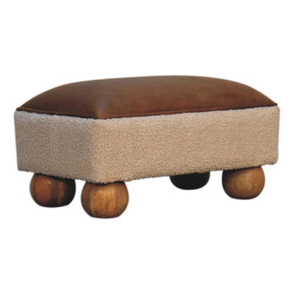 Vintage Leather Boucle Ball Footstool - Brown
