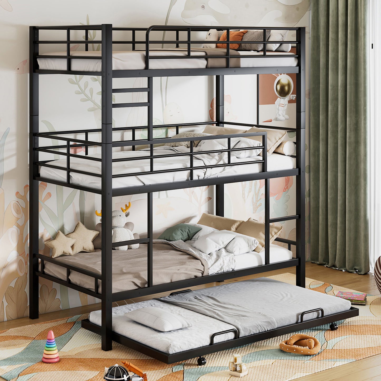 Triple Bunk Bed With Trundle, Heavy Duty Steel Construction