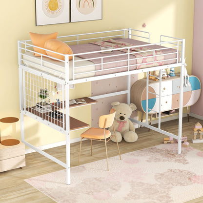 Full Loft Bed With Desk And Grid - White