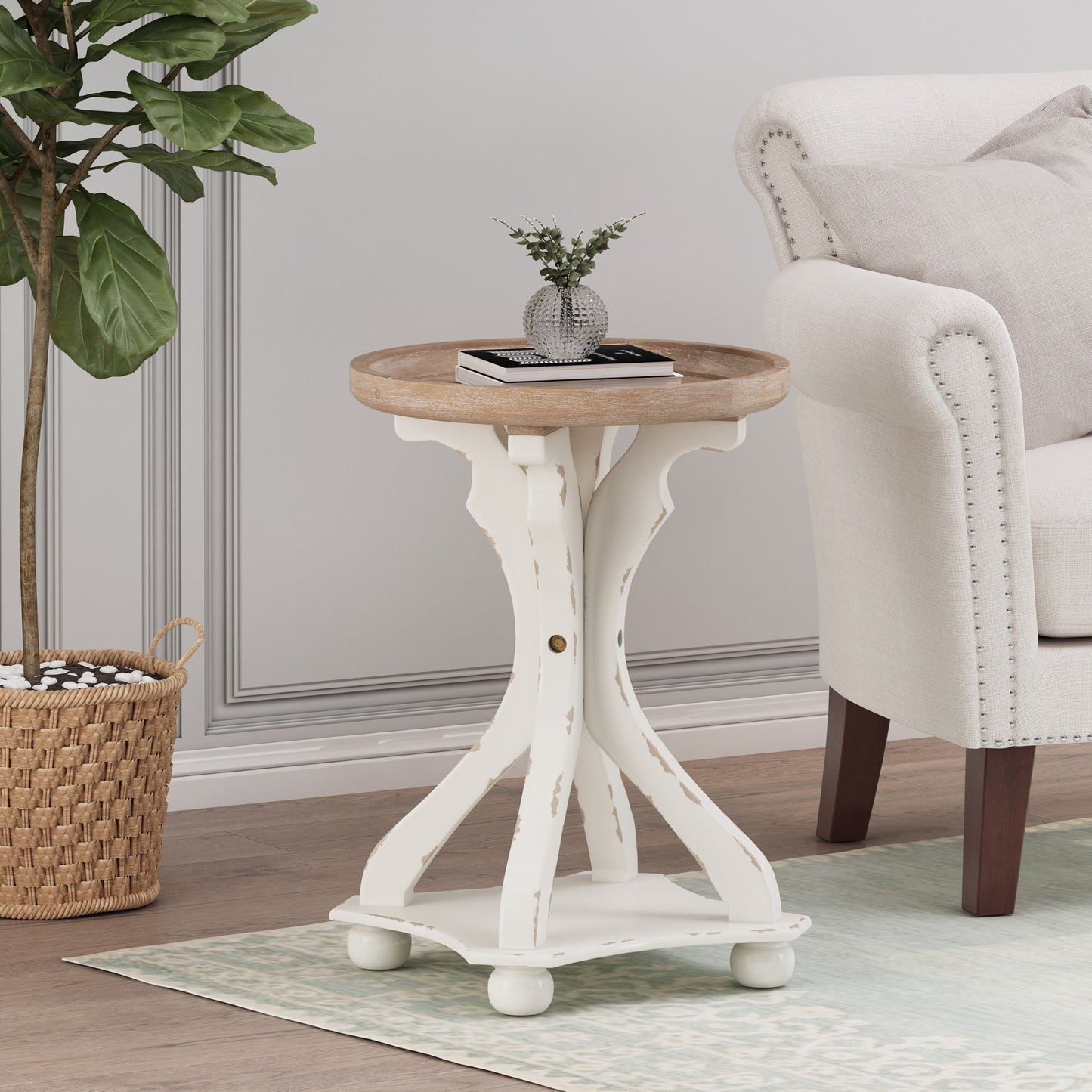 Rustic French Country Accent Table With Hourglass Firwood Base And Lipped Top