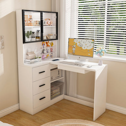 L-Shaped Computer Desk With Glass Cabinets, Built In LED Lights, USB Charging Ports
