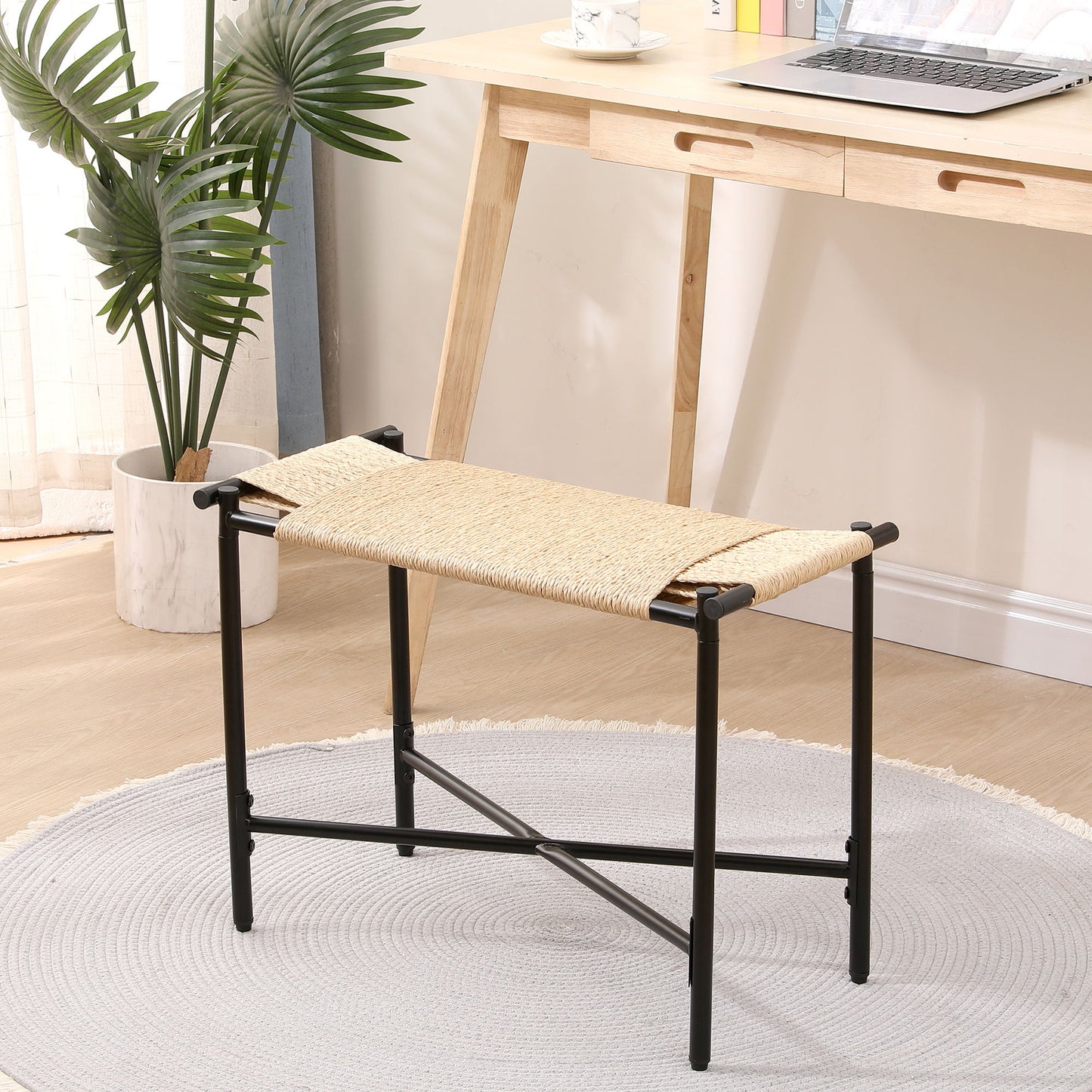 Handwoven Paper Rope Foot Rest Shoes Stools Ottomans For Entryway