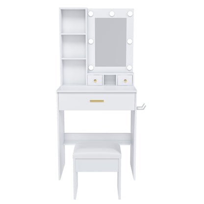 Vanity Table With Mirror, Adjustable LED Lights, Power Outlet, Hairdryer Holder & Stool