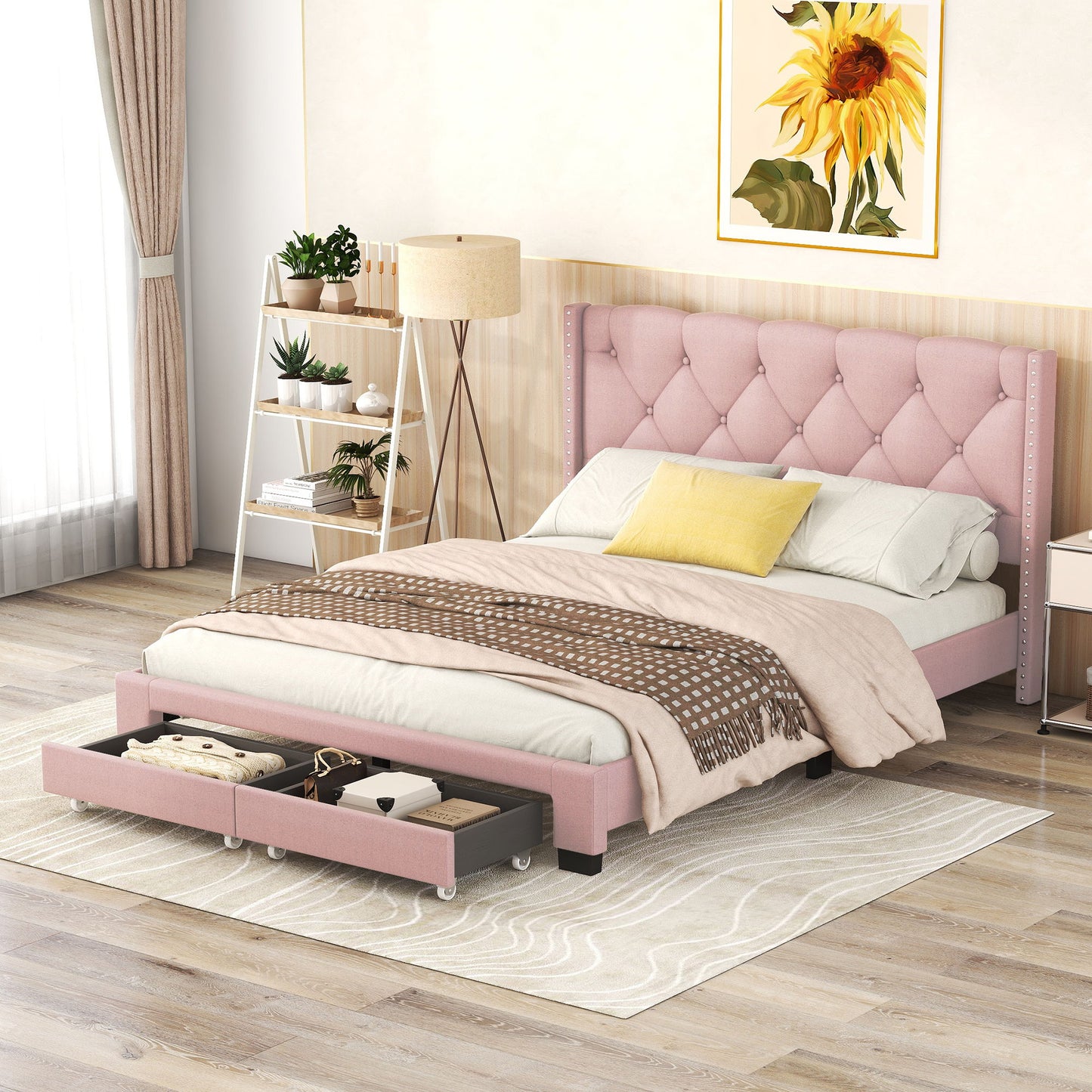 Queen Size Storage Bed Linen Upholstered Platform Bed & Two Drawers - Pink