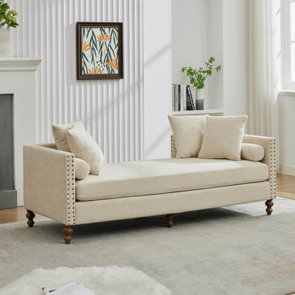 Upholstered Chaise Lounge Indoor With Nailheads, Sleeper Sofa Couch With 4 Throw Pillows & 2 Bolsters, Daybed With Rubberwood Legs