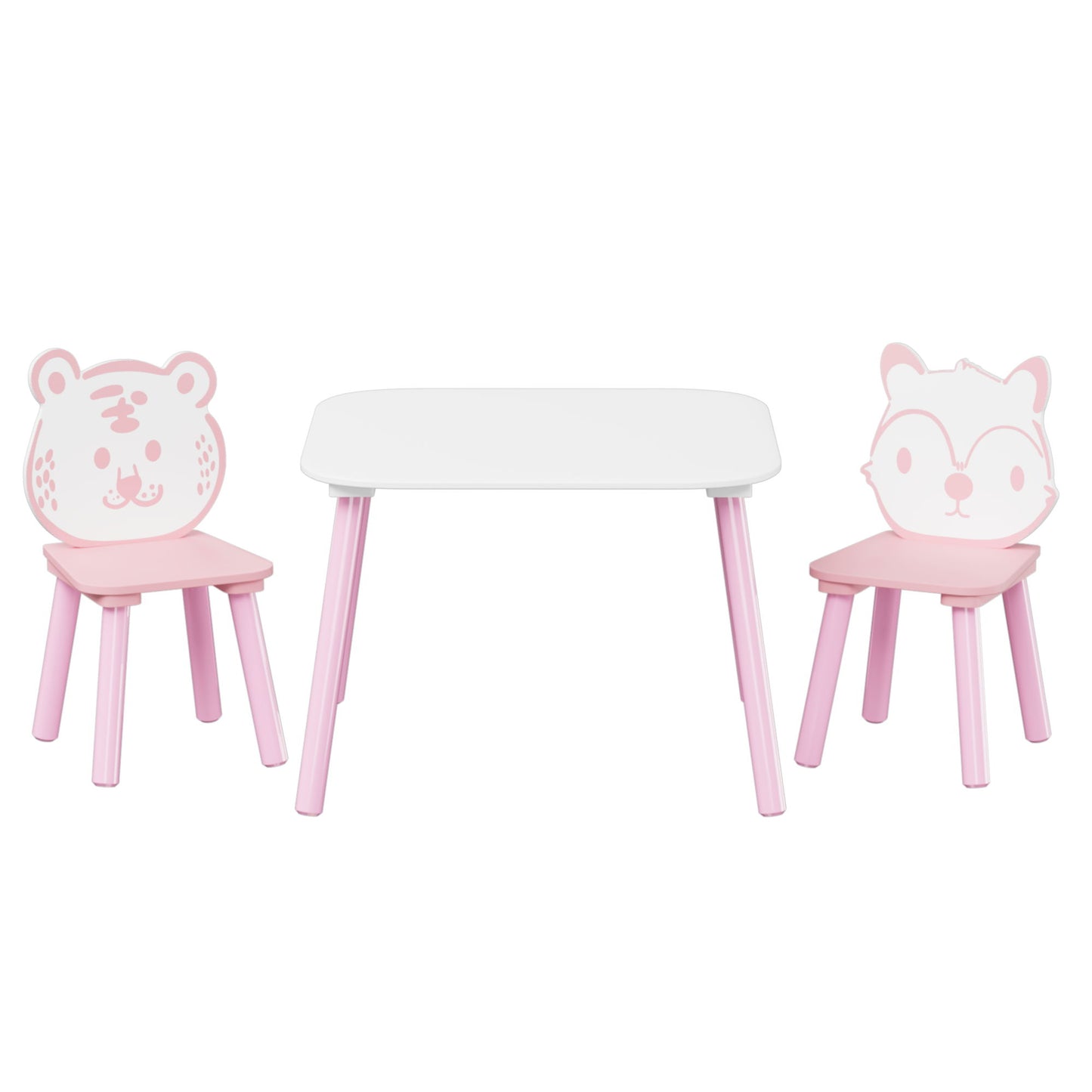Table And Chair Set, 3 Piece Wooden Toddler Desk With Animal Backrest - Pink / White
