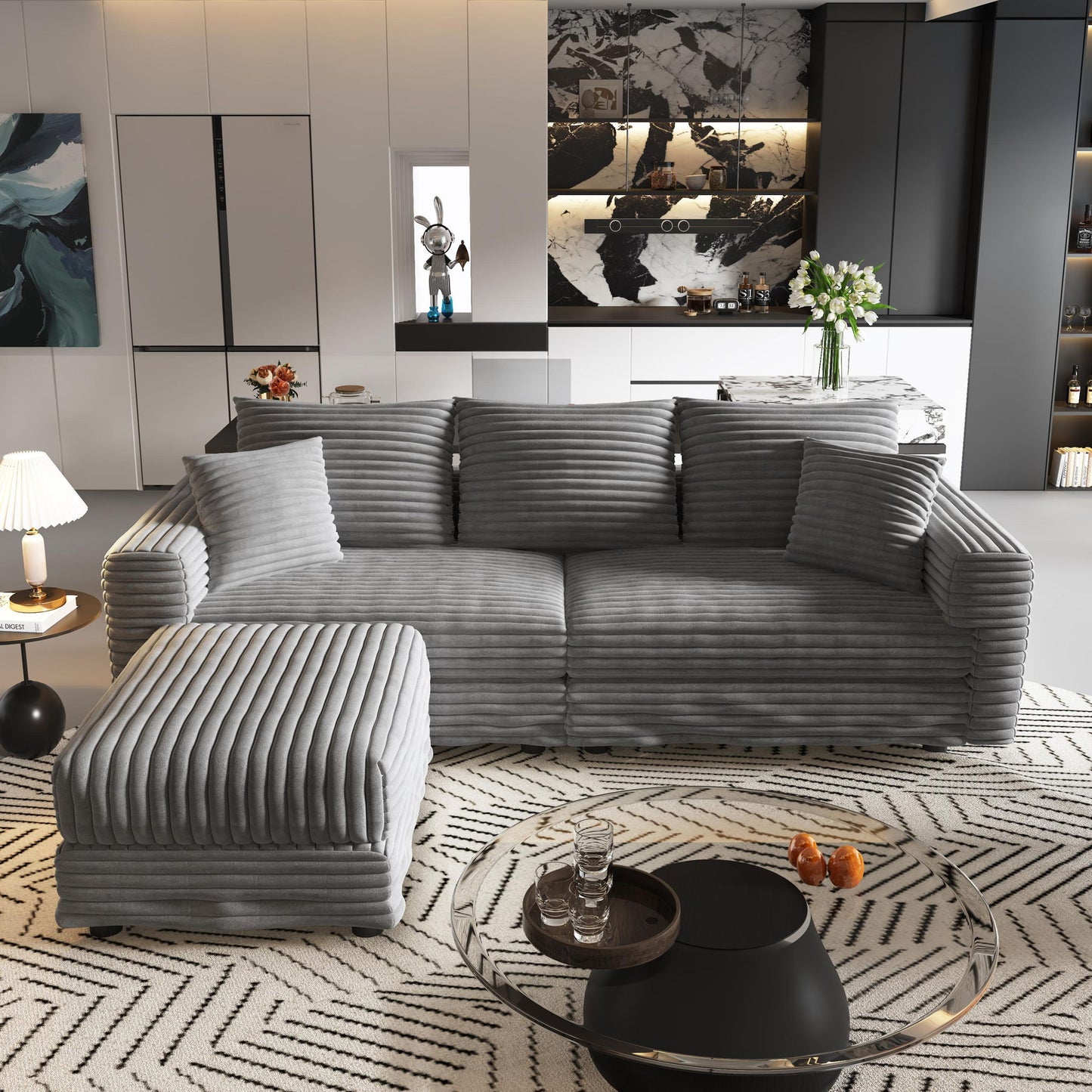 Deep Seat Convertible Sofa With Soft Pillows And Ottomans