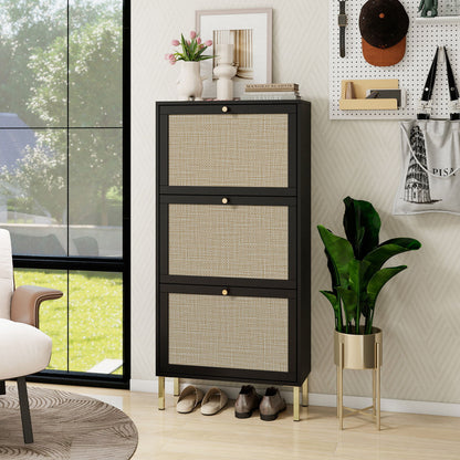 Modern Rattan 3 Door Shoe Rack Cabinet For Entryway