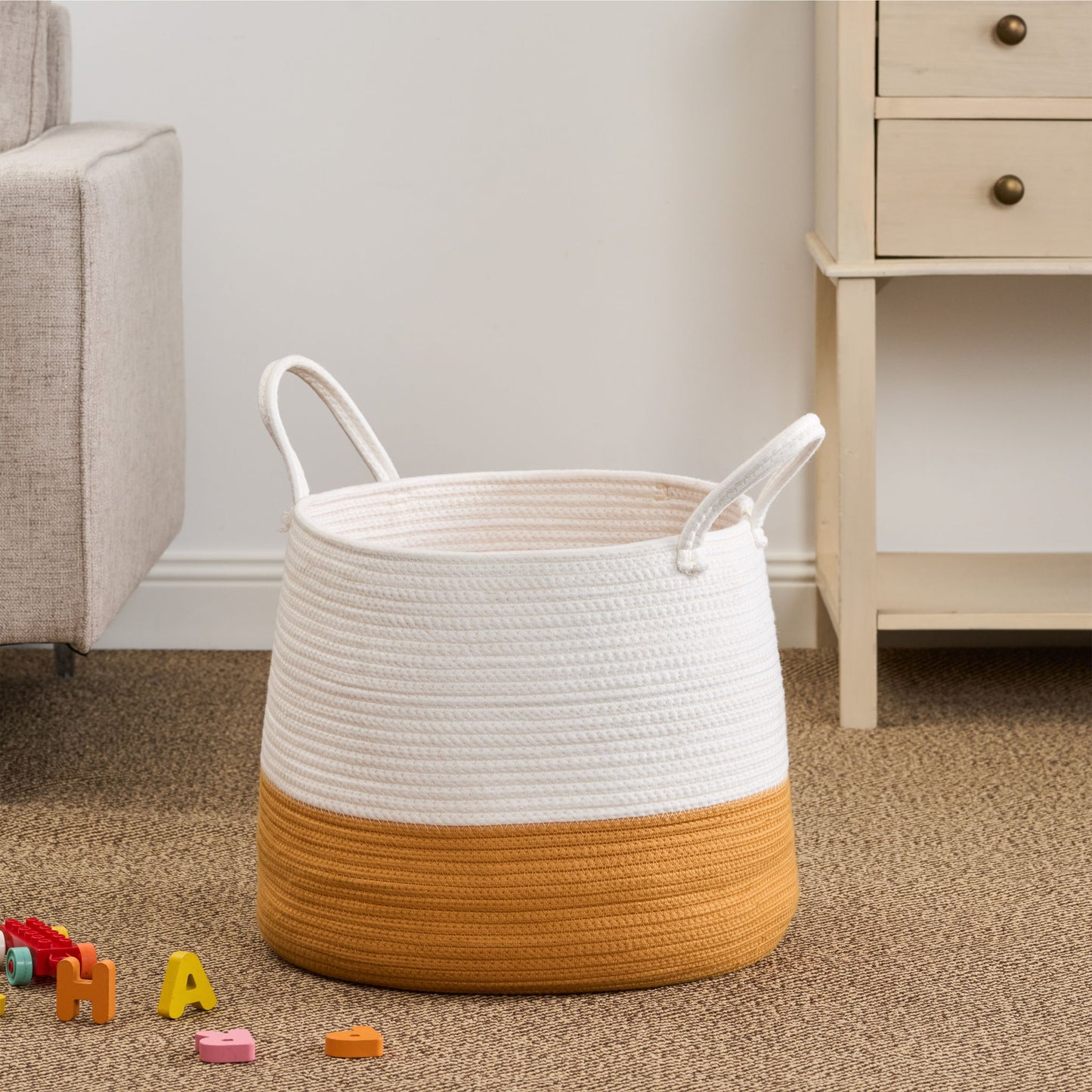 Francis Cotton Round Laundry And Storage Basket - Orange / White