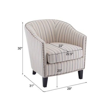 Transitional Upholstered Stripe Barrel Chair With Birch Wood Legs And Plush Cushioned Seat - Beige / Blue Stripe