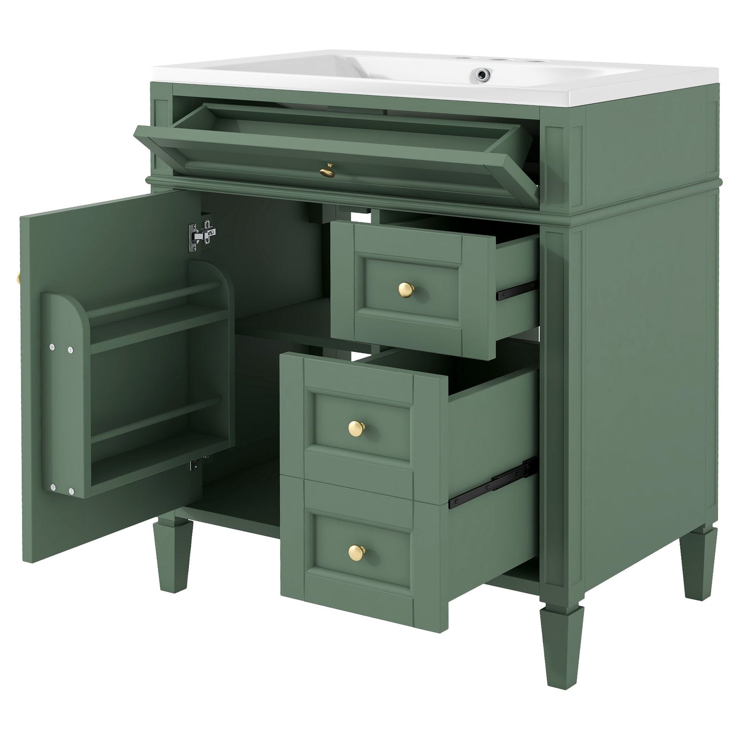 Bathroom Vanity With Top Sink, Storage Cabinet With 2 Drawers And Tip Out Drawer, Freestanding Set With Mirror Cabinet