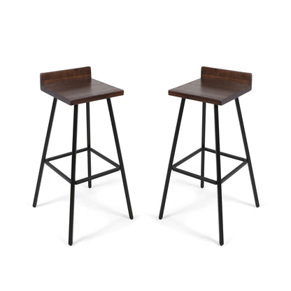 Outdoor Bar Stool With Low Backrests And Wood Seats (Set of 2) - Dark Brown / Black