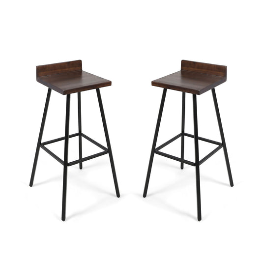 Outdoor Bar Stool With Low Backrests And Wood Seats (Set of 2) - Dark Brown / Black