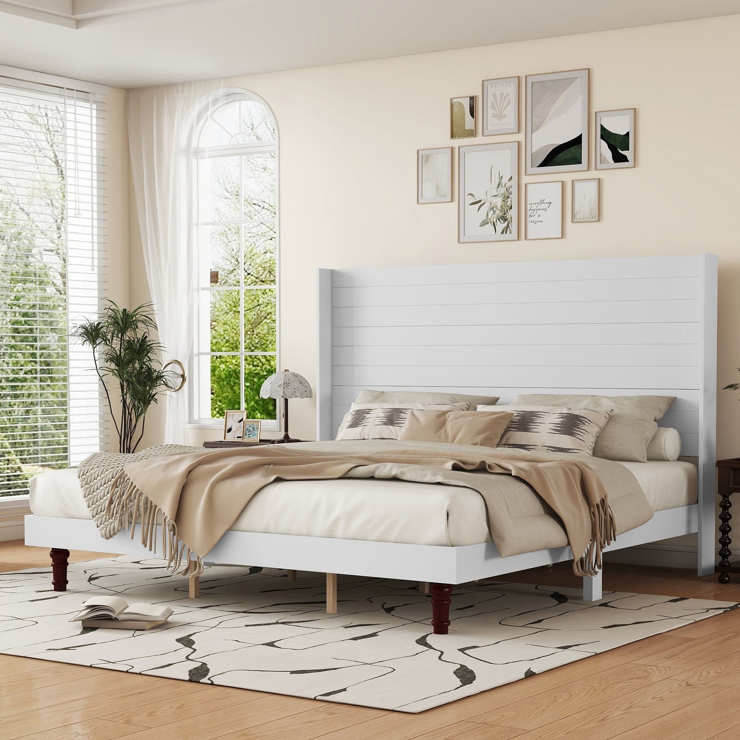 King Size, Stylish High Headboard Bed, High Quality - White