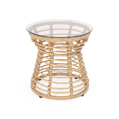 San Pedro - Boho Style Side Table With Tempered Glass Top - Light Brown Rattan