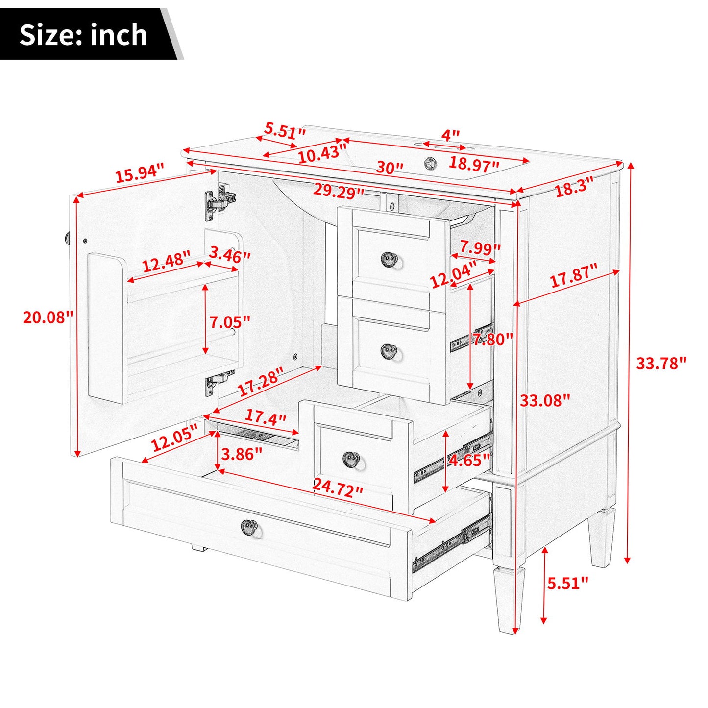 Bathroom Vanity With Sink, 3 Drawer Storage Cabinet