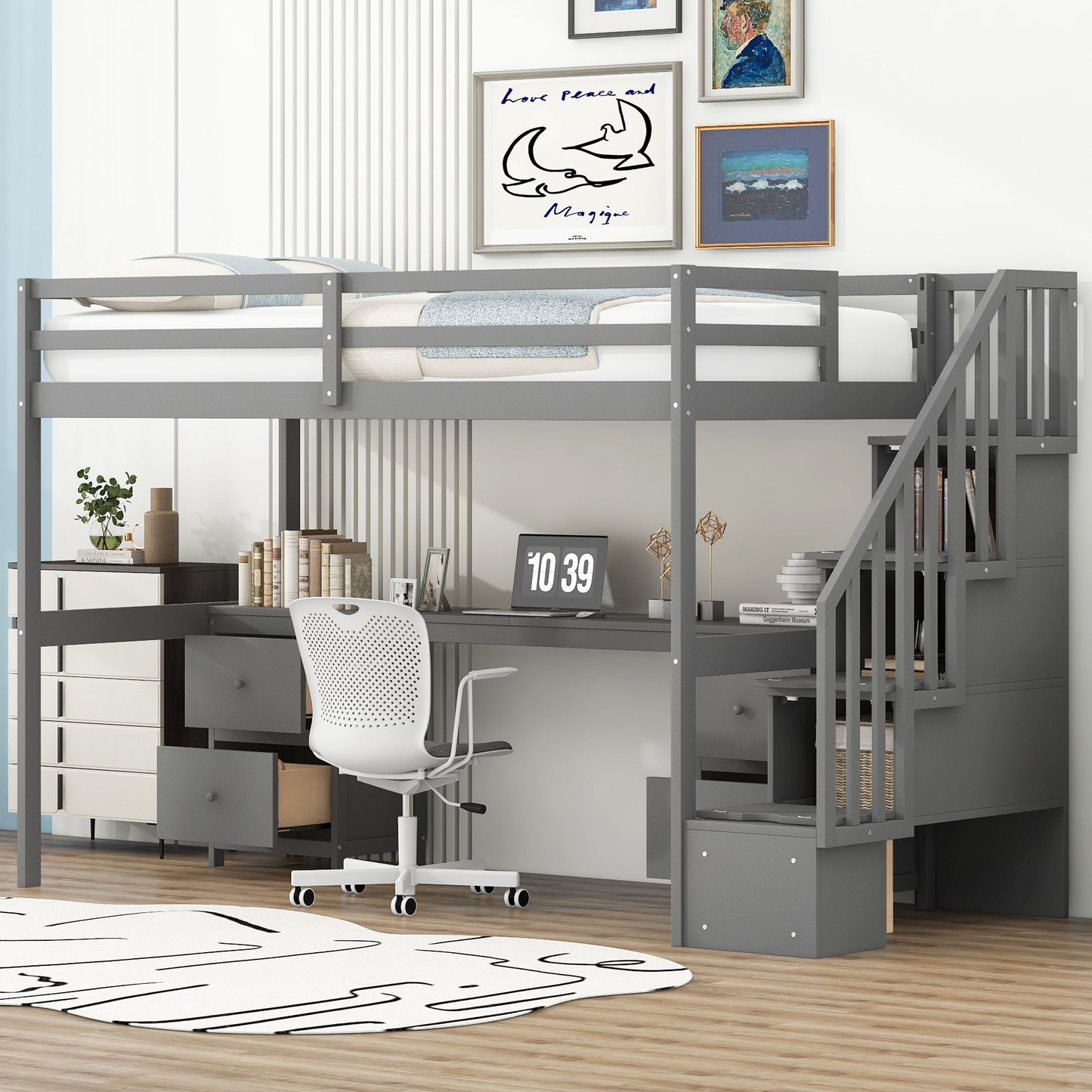 Loft Bed Frame With Built In Desk And Double Storage Drawers