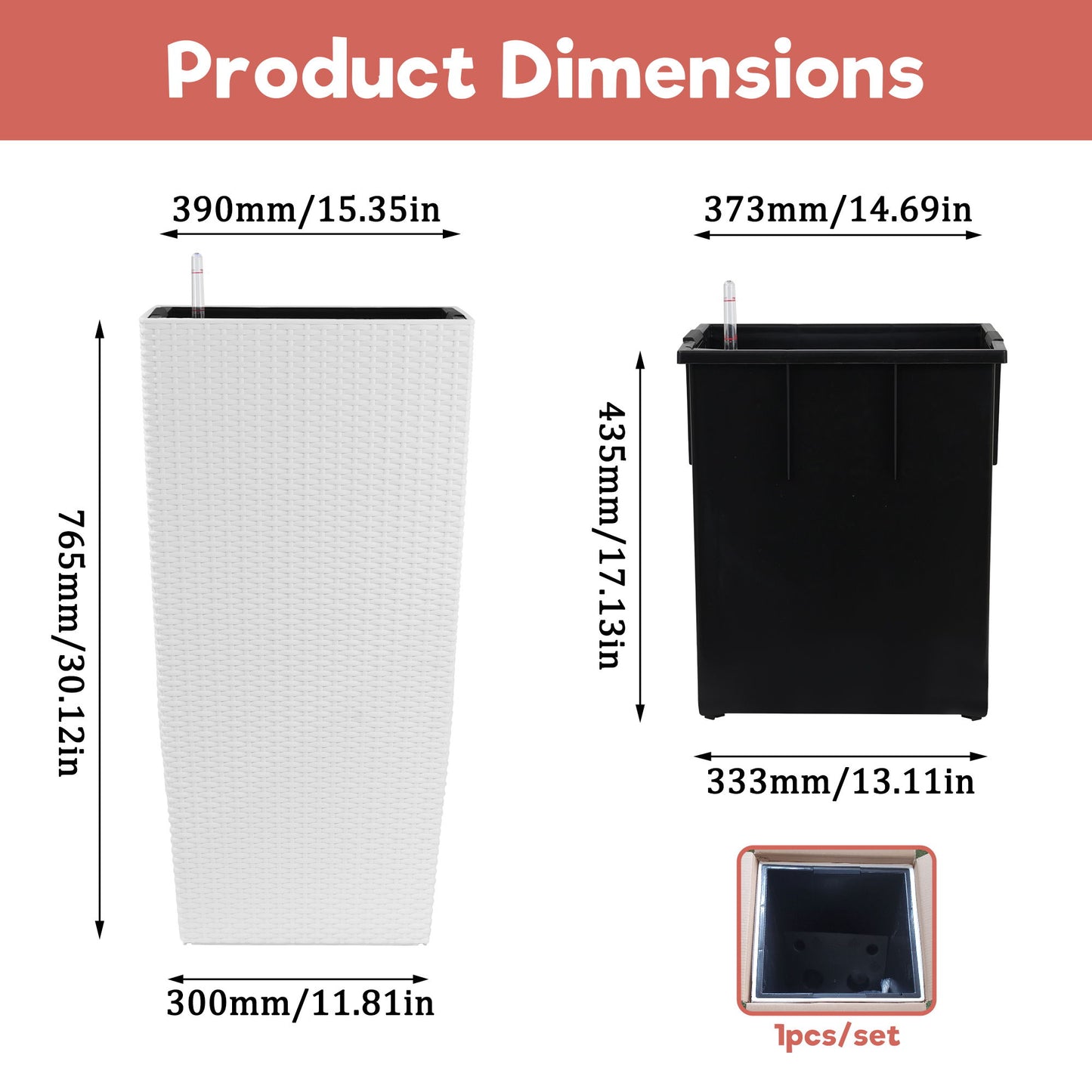 Large Self Watering Flower Pot With Drainage Holes & Inner Tray