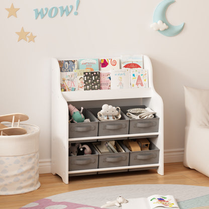 Bookshelf With 6 Storage Bins, Multi Functional Children's Bookcase And Toy Organizer - White