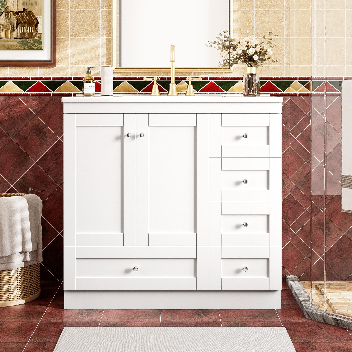 Shaker Free Standing Bathroom Vanity Cabinet With Sink, Soft Close Drawers, Soft Close Doors