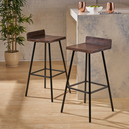 Outdoor Bar Stool With Low Backrests And Wood Seats (Set of 2) - Dark Brown / Black