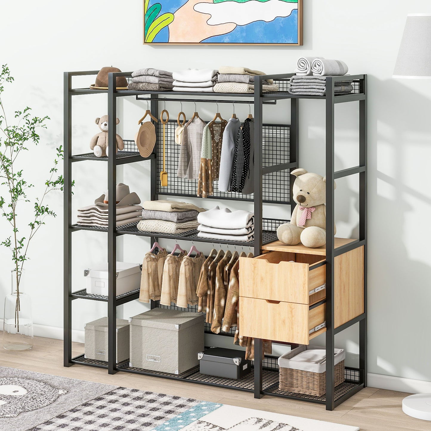 Open Style Wardrobe With Hanging Rails, Shelves And Drawers