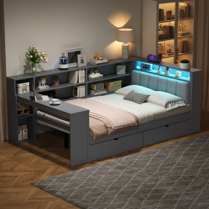 Platform Bed With Storage Shelves, Drawers, Charging Station, LED, Desk