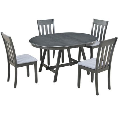 5 Piece Wood Dining Table Set With Extendable Round Table And 4 Chairs