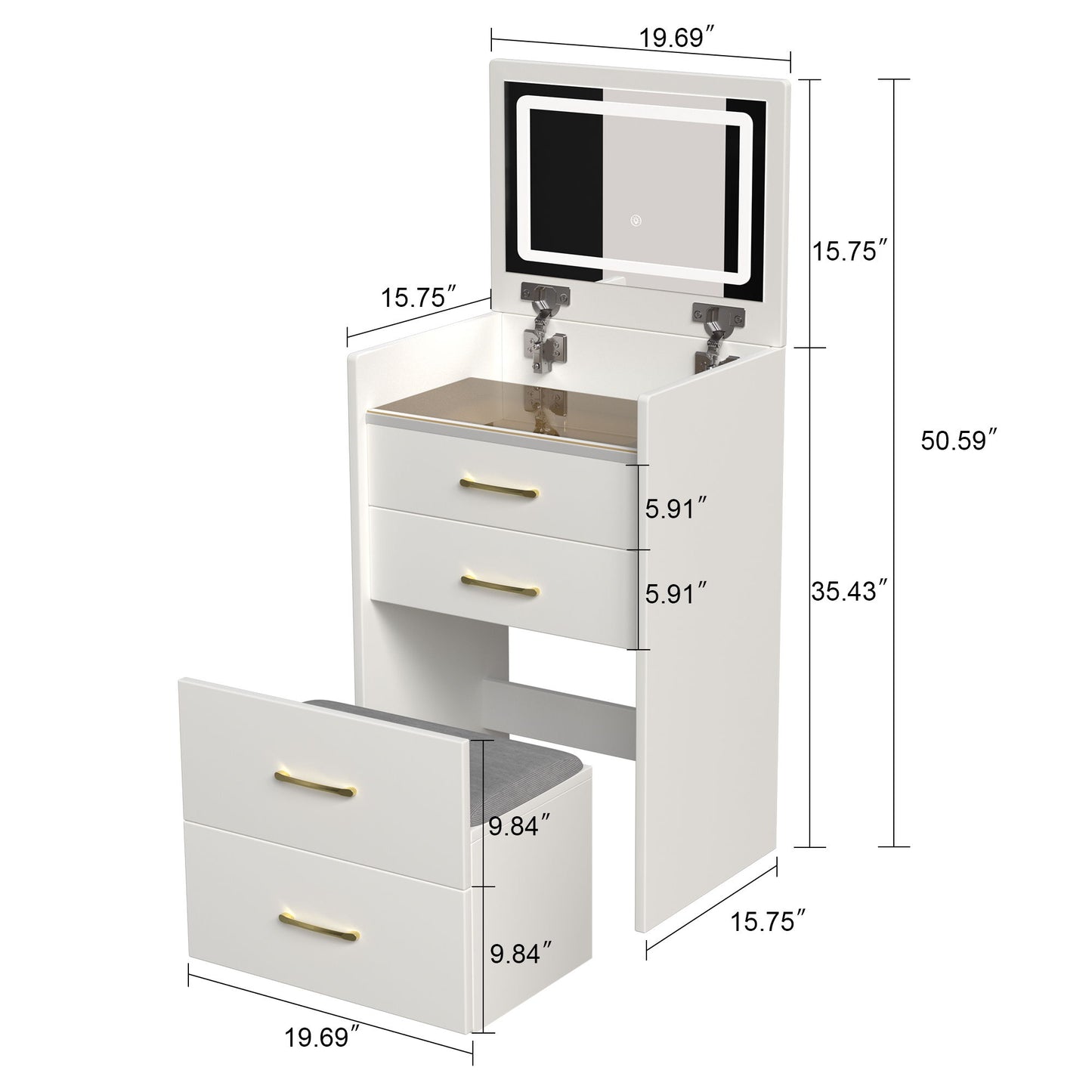 Compact 3 In 1 Vanity Desk With Open Top Mirror, Glass Desktop, 5 Height - White