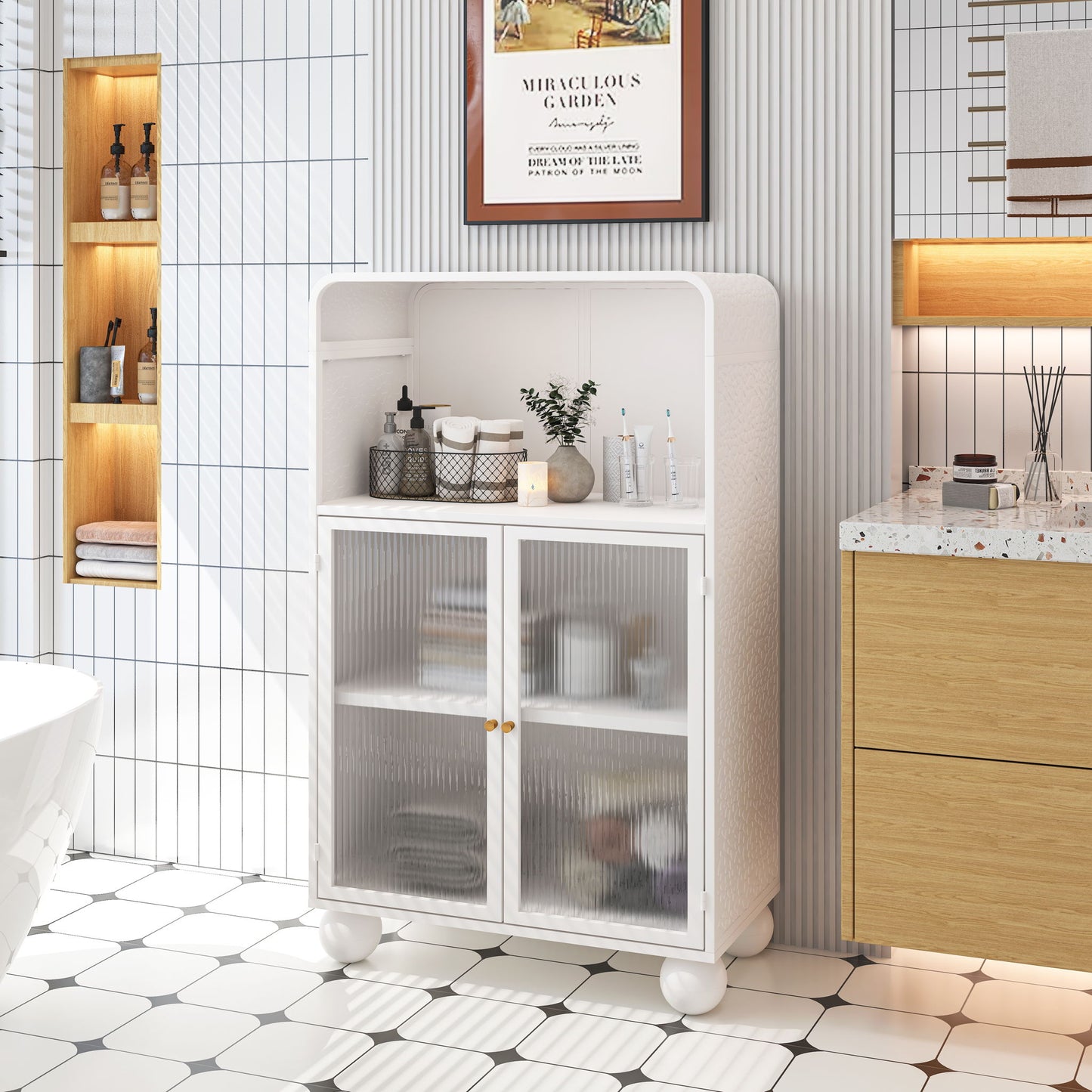 Storage Cabinet With Shelves And Glass Door, Freestanding Organizer For Bathroom - White