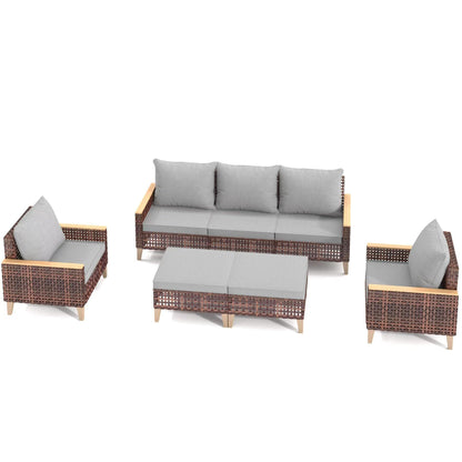 5 Piece Rattan Terrace Furniture Set, 7 Seats Cushions, High Footed Design