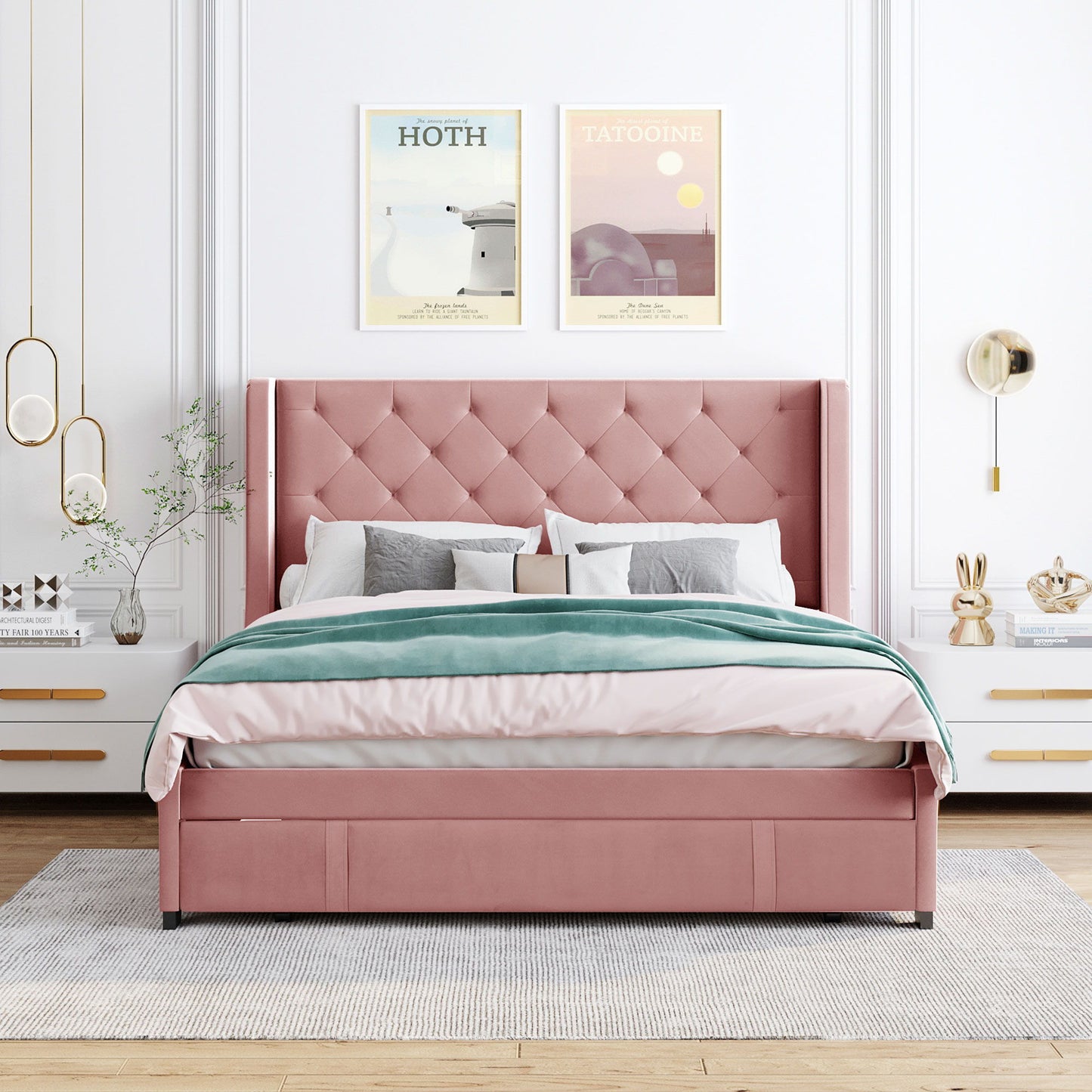 Storage Bed Velvet Upholstered Platform Bed With Wingback Headboard And A Big Drawer