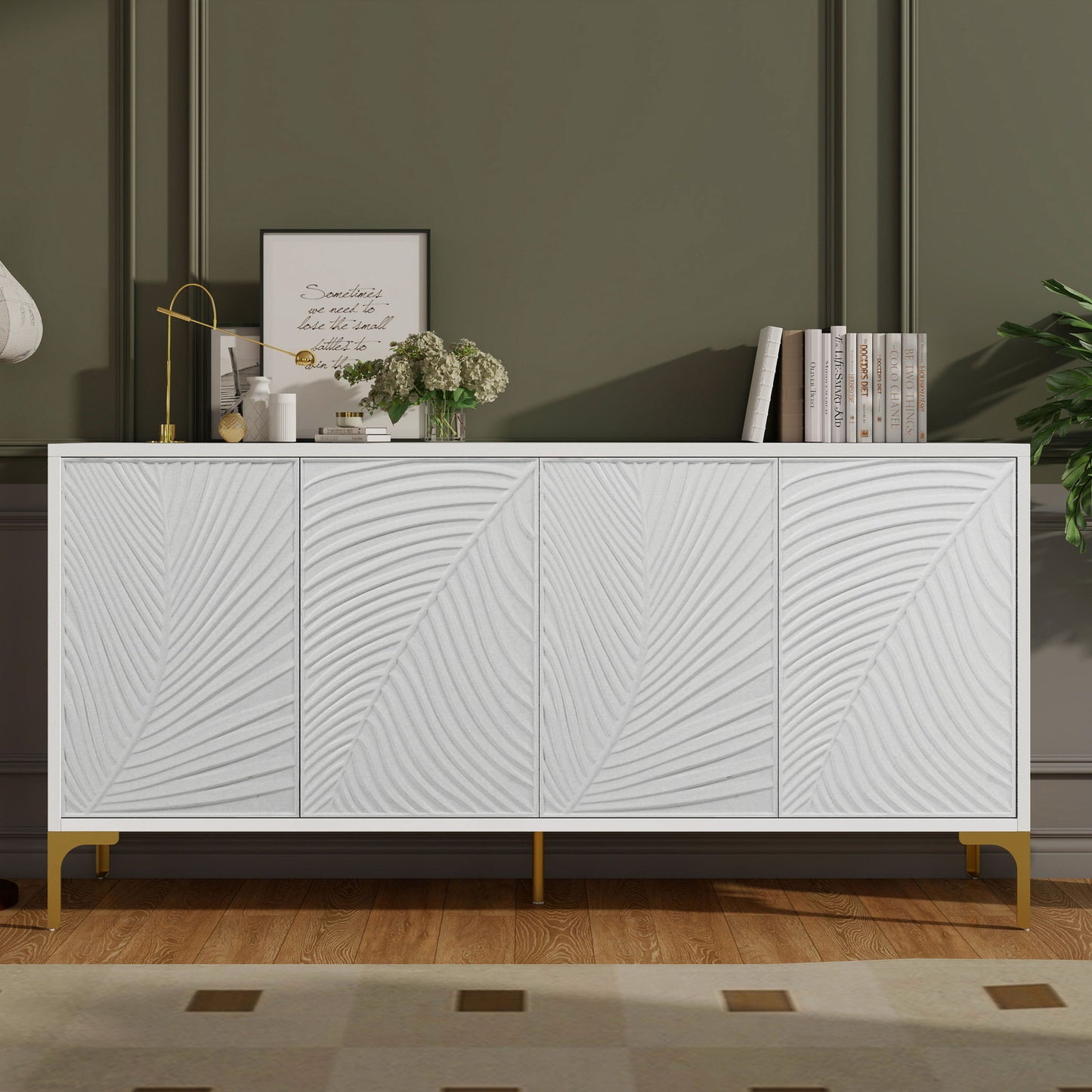 Modern 4 Door Sideboard With Creative Carved Surface And Adjustable Shelves