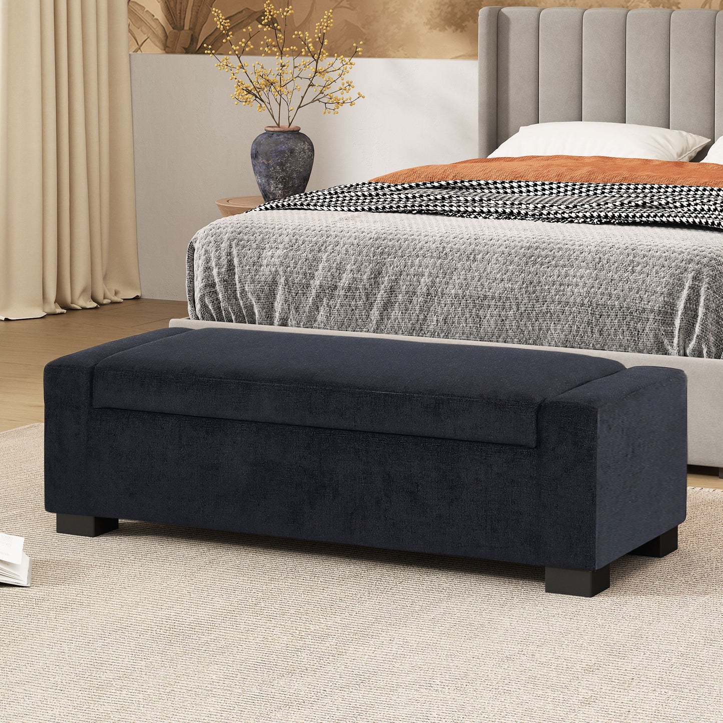 Textured Fabric Ottoman Bench With Hinged Lid