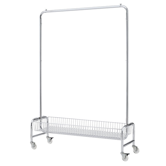 Heavy Duty Iron Garment Rack With Basket On Wheels - Silver