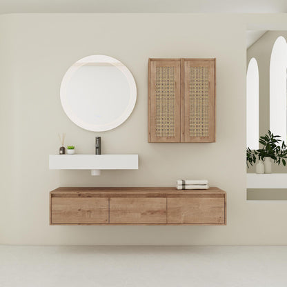 Modern Wall Mounted Bathroom Vanity With Resin Sink And 2 Side Cabinet, Imitative, Construction - Imitative Oak
