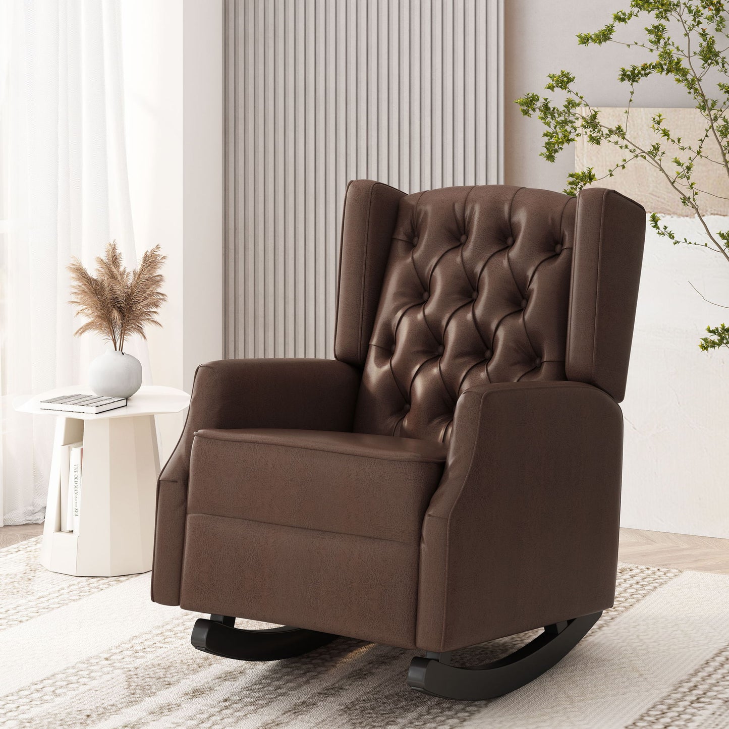 Amedou - Contemporary Tufted Wingback Rocking Chair - Dark Brown