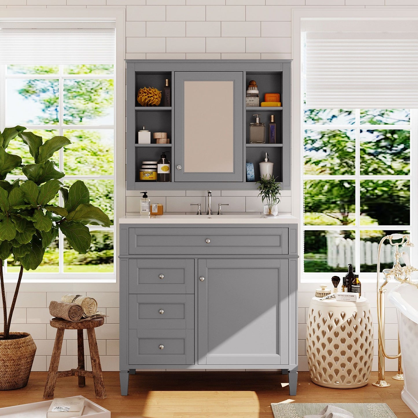 Bathroom Vanity With Mirror Cabinet, Storage Cabinet With 2 Soft Closing Doors And 4 Drawers, Undermount Sink