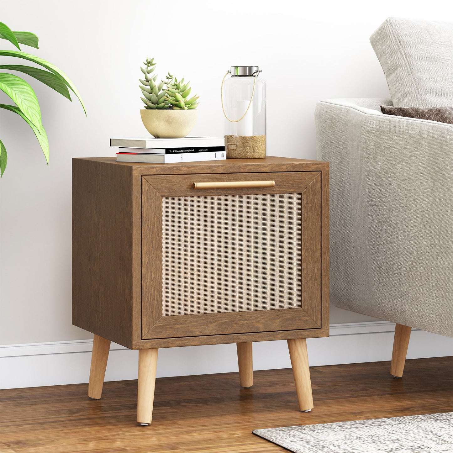 Contemporary End Table With Rattan - Walnut