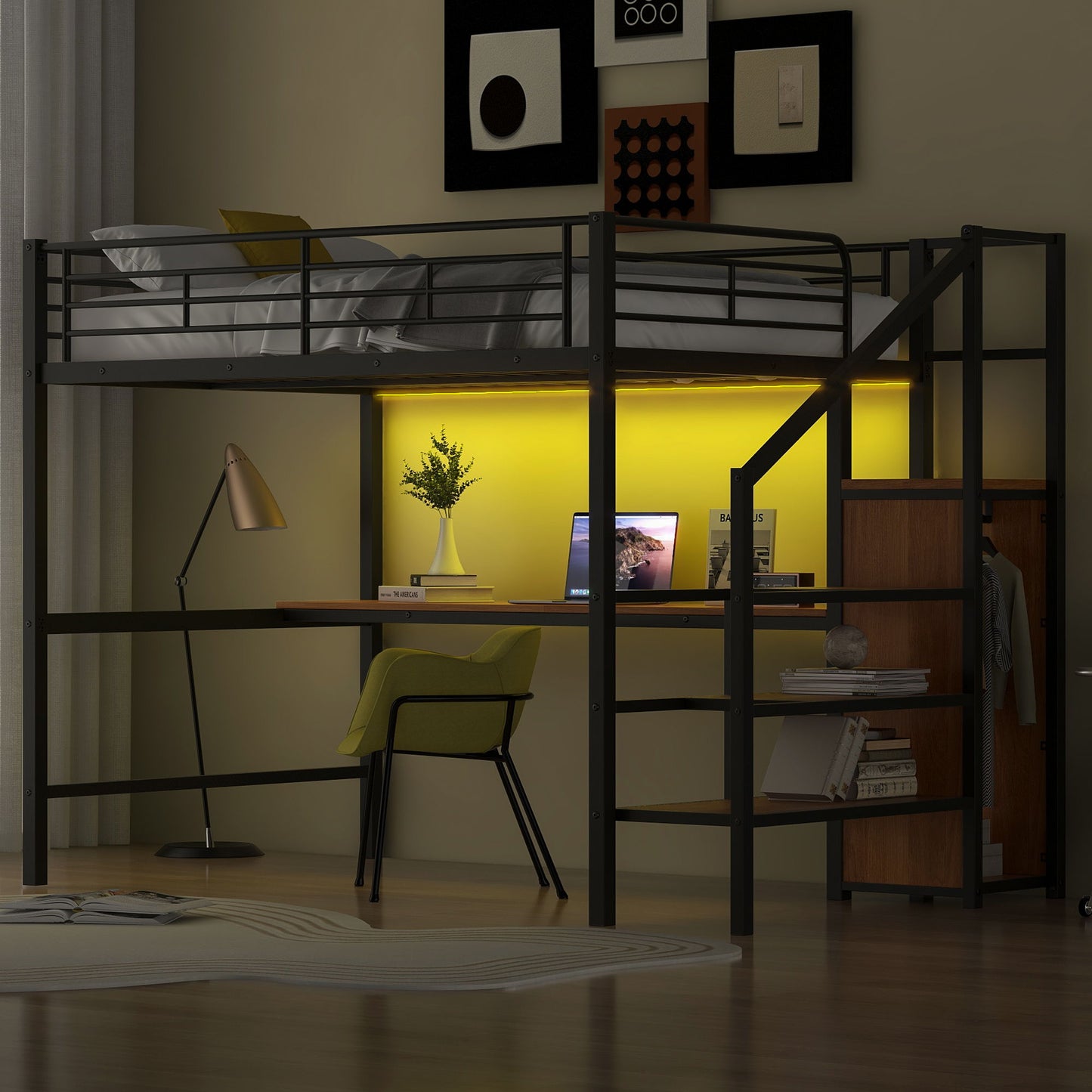 Loft Bed With Desk, Storage Staircase, Small Wardrobe And LED Light